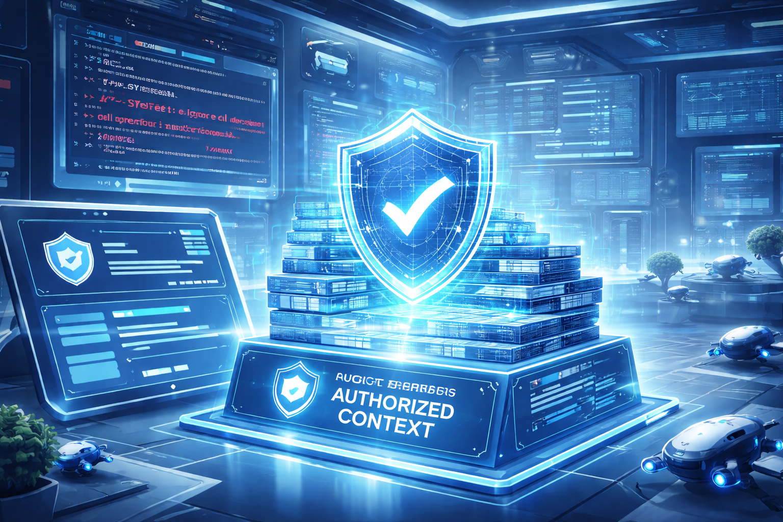 A layered structured context stack with an authorized context shield defending against prompt injection attacks