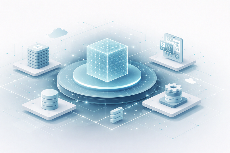 Isometric diagram showing interconnected components of an AI system