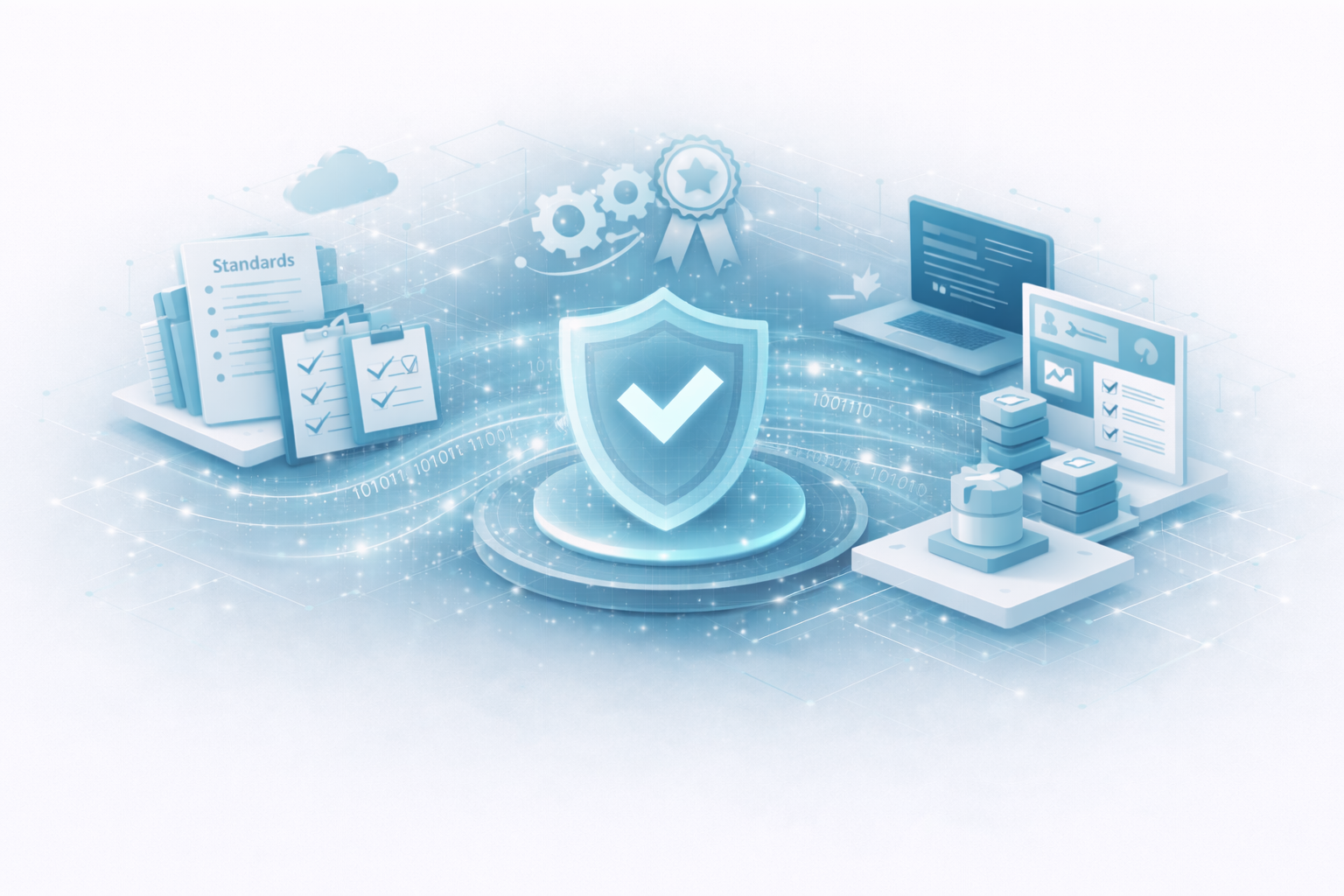 Isometric diagram showing standards documents and compliance frameworks connecting to AI systems