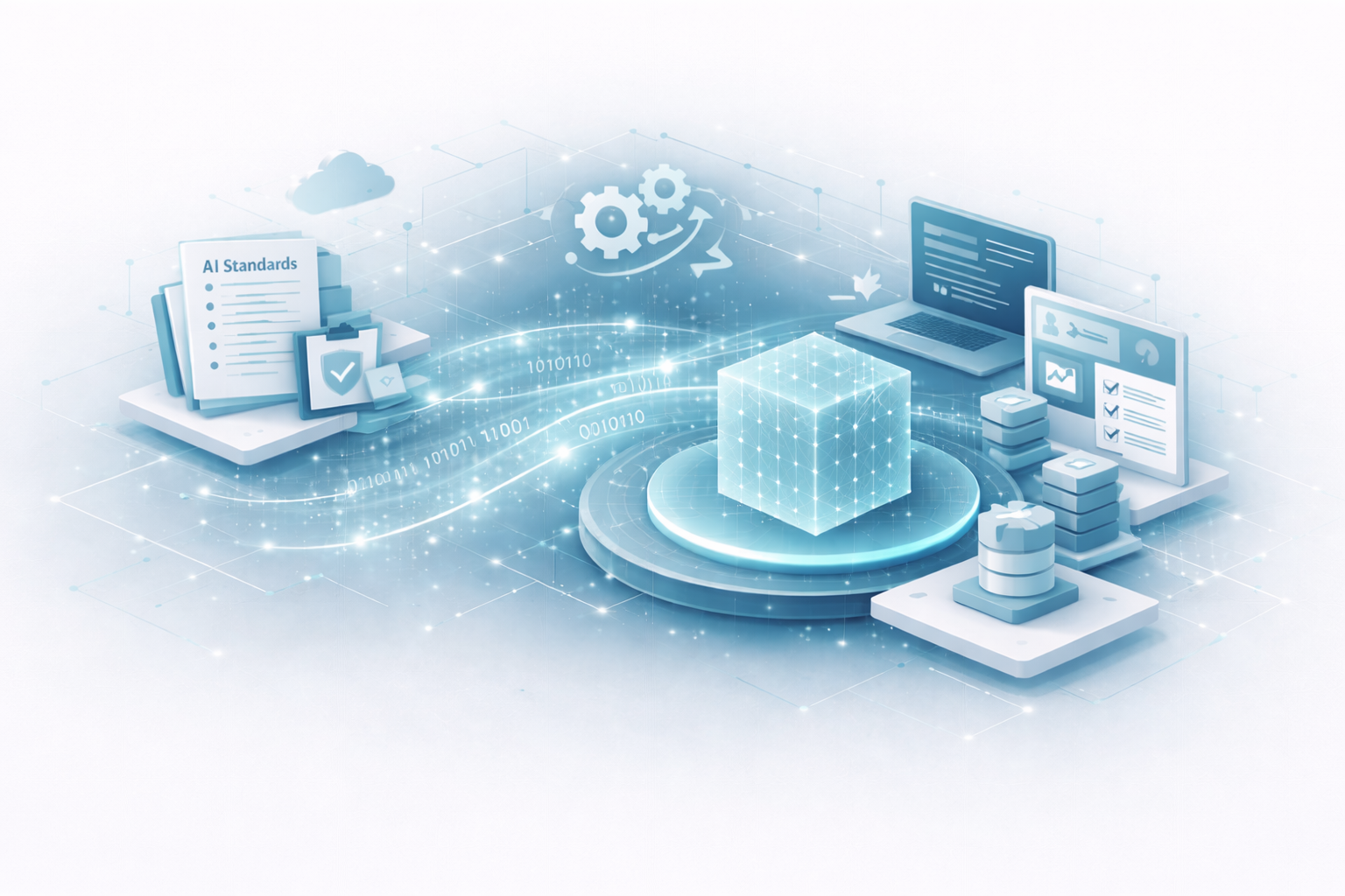 Isometric diagram showing AI standards documents flowing into structured data systems